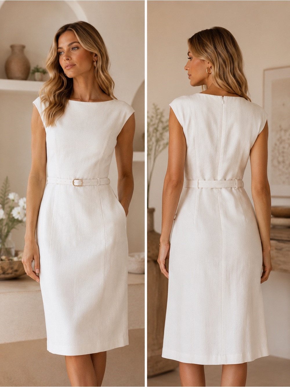 Ann Taylor White Linen Blend Fit & Flare Dress with Belt Size 6 NWOT